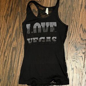 Black Sleeveless Top with 'Love Vegas' Design, lace back